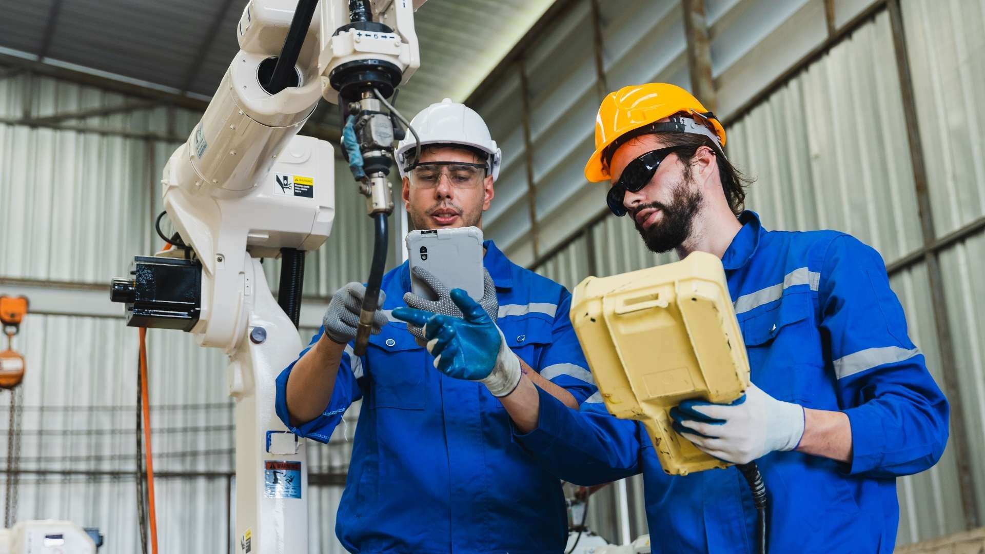 Deux hommes mettent en place un plan de maintenance dans une entreprise