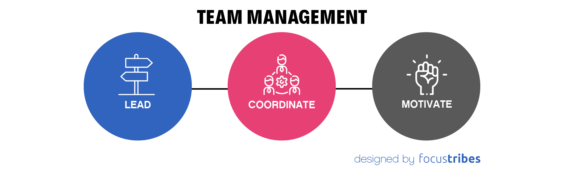 Graphic by Focustribes illustrating team management in three stages: leading, coordinating and motivating. Each stage is represented by an icon in a circle of a different colour: blue, pink and grey.